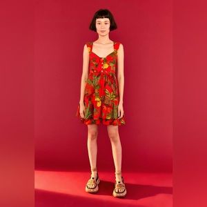 NWT Farm Rio Women Mini Dress Forest Birds Banana Size XL Red Linen Pockets